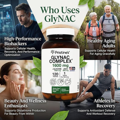 PRISTINE'S Supplement GlyNAC Complex Large Size Tablet 1600MG Glutathione Production - 3rd Party Tested Anti Aging, Sleep & Cognitive Support - Glycine & NAC Gluten Free Non GMO USA Made Glass Bottle