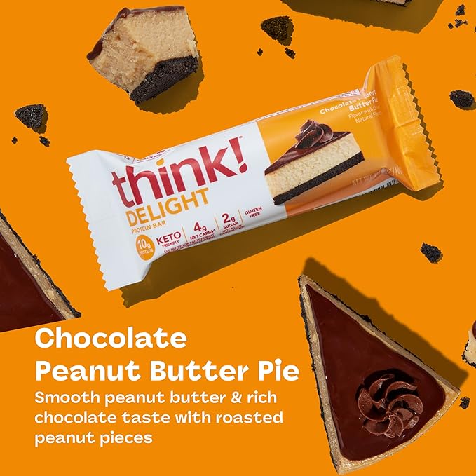 think! Delight Protein Bars, Chocolate Peanut Butter Pie, Low Sugar & Low Carb Gluten-Free Snack, Keto Friendly Snacks, 12 Count (Packaging May Vary)