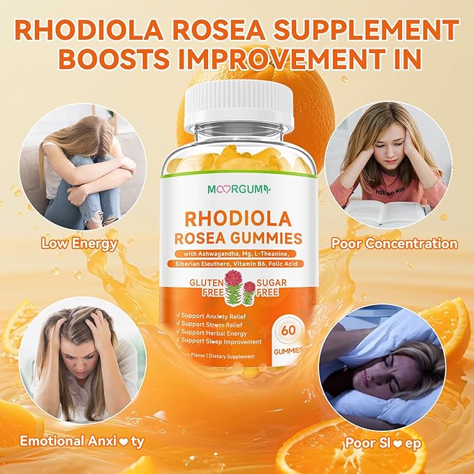 Rhodiola Rosea Gummies for Adults & Kids-Adaptogenic Herb-Daily Wellness, Emotions, Slumber Support, with Ashwagandha, Magnesium Glycinate, Siberian Eleuthero Supplements for Women & Men, 120 Count