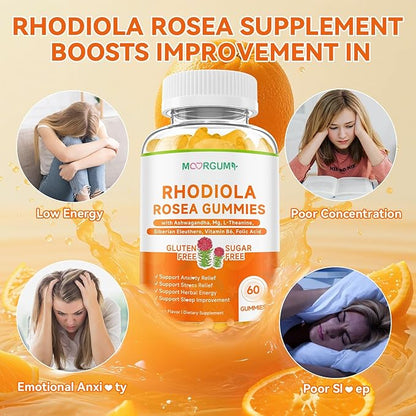 Rhodiola Rosea Gummies for Adults & Kids-Adaptogenic Herb-Daily Wellness, Emotions, Slumber Support, with Ashwagandha, Magnesium Glycinate, Siberian Eleuthero Supplements for Women & Men, 120 Count