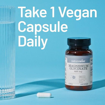 NatureWise Magnesium Glycinate 625 mg - High Absorption Chelated Magnesium Glycinate for Sleep, Relaxation, Muscle & Bones* - Gentle on Stomach, Vegan, Non-GMO - 90 Capsules[90-Day Supply]