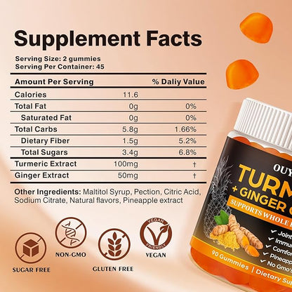 Turmeric Gummies, Joint & Muscle Relief + Immune Support, Natural Pineapple Flavor, Non-GMO Gluten-Free, 90 Gummies