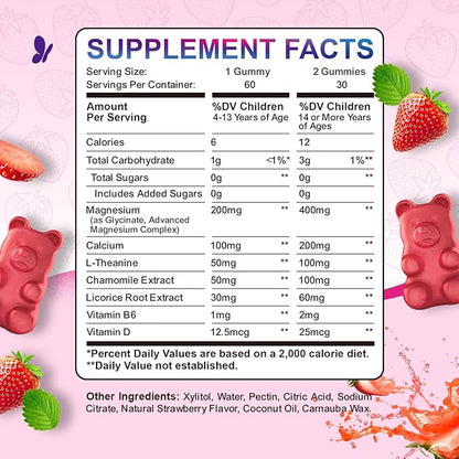 2 Pack Magnesium Gummies for Kids - Magnesium Glycinate Gummies with L-Theanine, Chamomile, Licorice, Vitamin B6, D for Kids & Adults Sleep, Muscle Relief & Nerve Bone - Strawberry 120ct