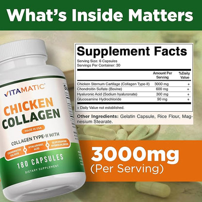 Vitamatic Chicken Collagen 3000 mg (Per Serving) with Glucosamine, Chondroitin & Hyaluronic Acid | 180 Capsules | Non-GMO | Gluten Free