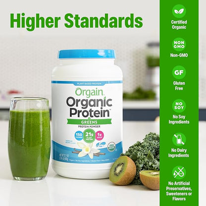 Orgain Organic Vegan Protein Powder + Greens, Vanilla Bean - 21g Plant Based Protein, Gluten Free, Dairy Free, Lactose Free, Soy Free, No Sugar Added, With Iron & Prebiotics for Gut Health - 1.94lb