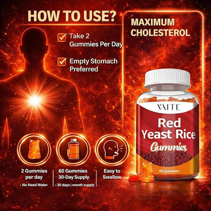 VAITE Red Yeast Rice with Coq10 Gummies - 1200 mg RYR Synergy Organic Supplement with Coenzyme Q10 Monacolin K, Non-GMO & Citrinin Free Herbal Vegetarian Gummy Chews 60 Count (2 Pack)