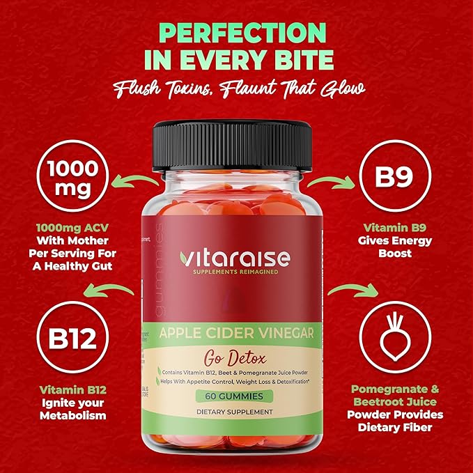 Apple Cider Vinegar Gummies - ACV with Mother Gummies for Weight Loss - Detox & Digestion Support - 1000mg - Keto ACV Gummies B9 & B12 - Metabolism Booster - Vegan, Non-GMO, Gluten-Free - 60 Chews