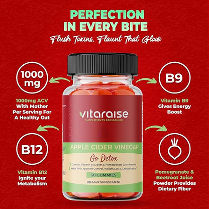 Apple Cider Vinegar Gummies - ACV with Mother Gummies for Weight Loss - Detox & Digestion Support - 1000mg - Keto ACV Gummies B9 & B12 - Metabolism Booster - Vegan, Non-GMO, Gluten-Free - 60 Chews