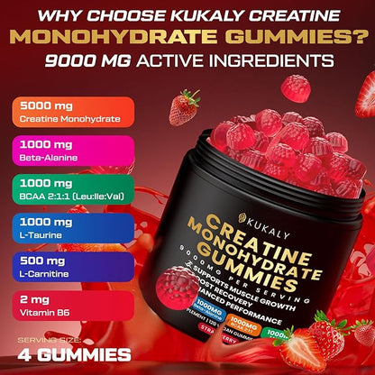Creatine Monohydrate Gummies for Men & Women, 9000MG Creatine Gummies Sugar Free with L-Taurine, BCAA 2:1, B12 B6 for Boost Strength, Focus & Endurance, Vegan, Non-GMO, Strawberry, 120pcs