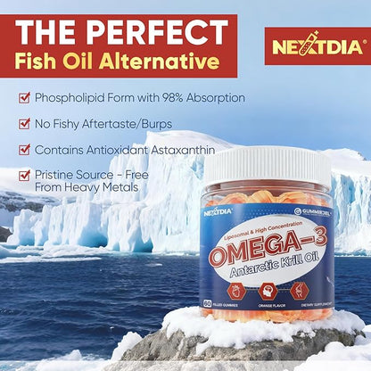 Liposomal Antarctic Krill Oil Omega 3 Gummies 2000mg - Cellular Level Absorption Omega-3 with EPA, DHA & Astaxanthin - Antioxidant & Brain Support - Fish Oil Supplements Alternative - 60 Count