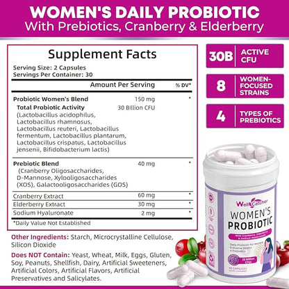Vaginal Probiotics for Women: Daily Cranberry Probiotics with Prebiotics Support Digestive Urinary Tract Health pH Balance with 30 Billion CFU 8 Diverse Strains Vegan 60 Counts