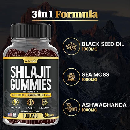 Shilajit Gummies - 3 in 1 with Sea Moss, Black Seed Oil, Ashwagandha - Natural Formula Shilajit Supplement 85+ Trace Minerals, Pure Himalayan Shilajit Gold Gomitas De Shilajit, USA Made (60 Gummies)