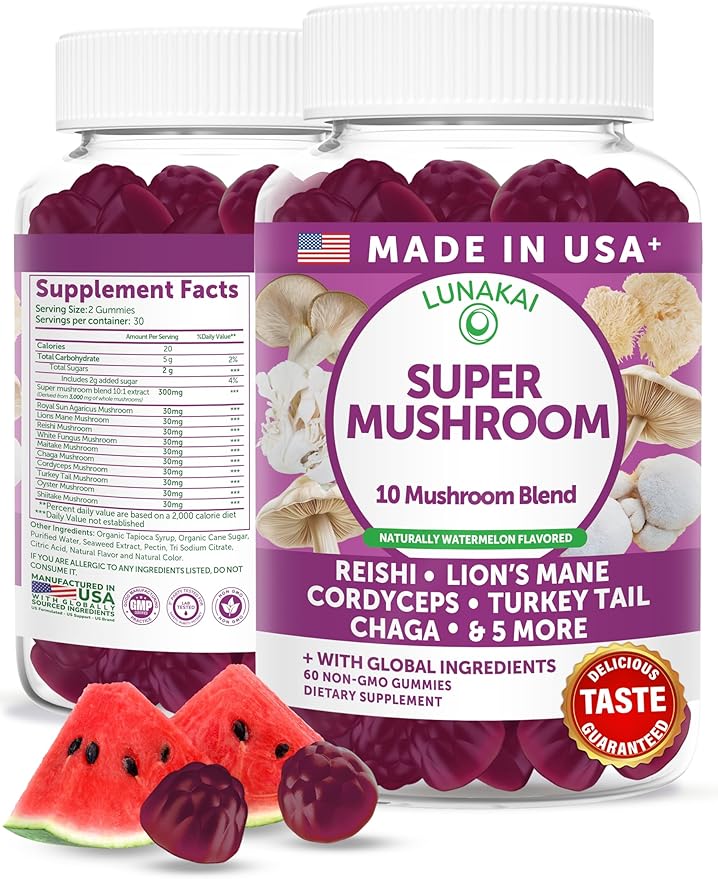 Lunakai USA Made Super Mushroom Gummies for Adults – 10-in-1 Adaptogenic Mushroom Supplement with Lion’s Mane – Daily Focus & Brain Support, 60ct