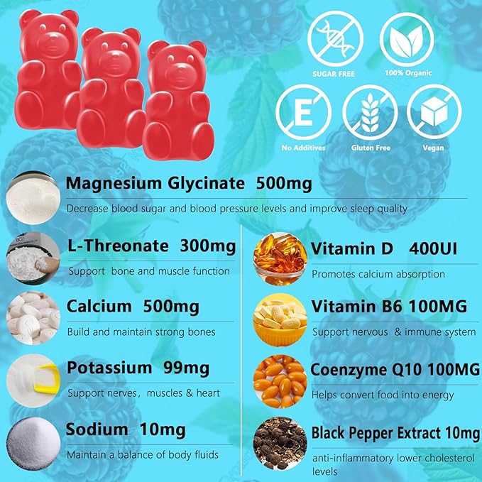 Magnesium Glycinate Gummies 500mg with L-Threonate, Vitamin D, B6, Potassium & CoQ10 | Sugar-Free Complex Formula for Enhanced Sleep Quality | Raspberry Flavor | 120 Count