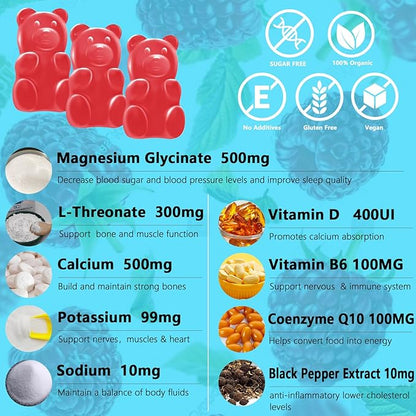 Magnesium Glycinate Gummies 500mg with L-Threonate, Vitamin D, B6, Potassium & CoQ10 | Sugar-Free Complex Formula for Enhanced Sleep Quality | Raspberry Flavor | 120 Count