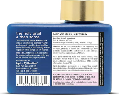 Loyal Boric Life Plus - Boric Acid Suppositories with Aloe & FOS - Supports Odor Control - Soothes Discomfort - Maintains Intimate Flora - Made in USA (30 Count)