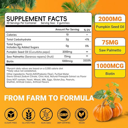 Sugar Free Pumpkin Seed Oil Gummies 2000mg for Women& Men – Pumpkin Seed Oil Supplement with Saw Palmetto & Biotin for Prostate Health, Hair, Skin & Nails – Vegan, 30 Servings, Pineapple Flavor