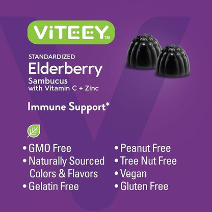 Viteey Sambucus Elderberry Gummies for Adults – Elderberry Vitamin C and Zinc Immunity Gummies - Vegan, Gluten-Free – 60 Count