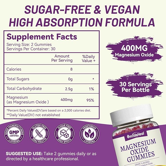 Magnesium Oxide Gummies 400mg, Chewable Magnesium Gummies for Women & Adults, Nerve & Muscle Support - Sugar-Free, Vegan, 60 Count