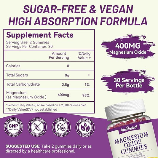 Magnesium Oxide Gummies 400mg, Chewable Magnesium Gummies for Women & Adults, Nerve & Muscle Support - Sugar-Free, Vegan, 60 Count