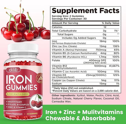 Iron Gummies with Multivitamin, Iron Supplement for Women & Men, Kids Multivitamin with Iron, Zinc, Vitamin B Complex & C, B12, Folate - Blood Builder, Energy Support, Cherry Flavor, Vegan 120 Gummies