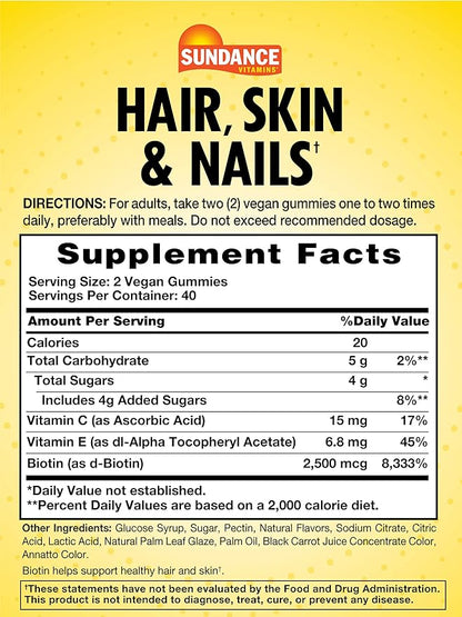 Sundance Hair, Skin, and Nails Gummies with Biotin | 2500 mcg | 80 Count | Fruit Flavor Vitamin | Vegan, Non-GMO & Gluten Free Supplement