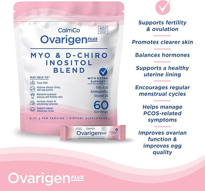 CalmCo Ovarigen Plus Myo-Inositol & D-Chiro Inositol Supplement for Women – 40:1 Powder with Folic Acid, Ashwagandha & Vitamin D3, Fertility Supplements for PCOS, Ovarian Support (60 Sachets)