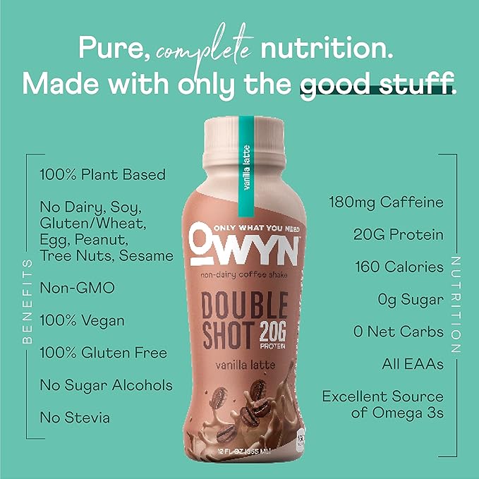 OWYN Only What You Need Double Shot Vanilla Latte Flavored Protein Shake, 20g Protein, 0g Sugar, 3g Fiber, 180mg Caffeine, Dairy Free, Plant Based Protein Drink, 12 Count