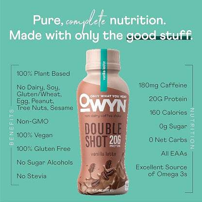 OWYN Only What You Need Double Shot Vanilla Latte Flavored Protein Shake, 20g Protein, 0g Sugar, 3g Fiber, 180mg Caffeine, Dairy Free, Plant Based Protein Drink, 12 Count
