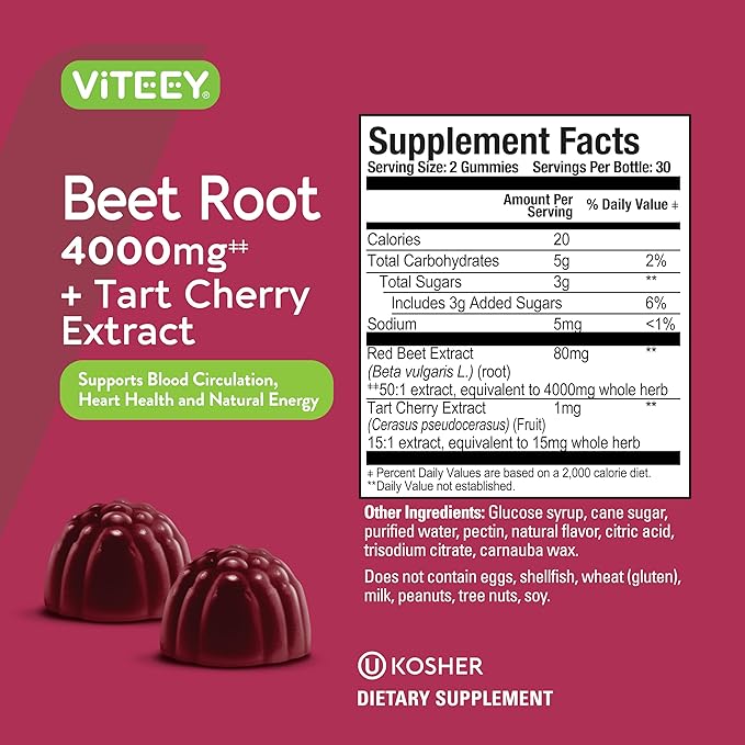 Viteey Beet Root Gummies 4000mg [from 80mg of 50:1 Extract] with Tart Cherry - for Healthy Blood Pressure Support - Vegan, Gelatin Free, Gluten Free-Tasty Chewable Berry Beet Flavored Gummy-60 Count