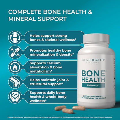 PUREHEALTH RESEARCH Bone Health Formula - for Bones, Joint & Skeletal Wellness - with Calcium, Magnesium, Zinc, Copper, Manganese, Potassium, Vitamin K2, D3, C & More for Women & Men - 150 Capsules