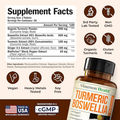 Boswellia Serrata Turmeric Supplement for Joint Support & Inflammation Balance – Turmeric Boswellia Supplement with Ginger & Black Pepper Extract for Enhanced Absorption – Non-GMO - 60 Tablets