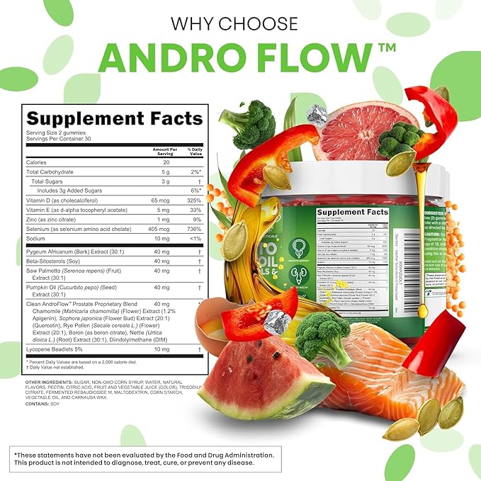 AndroFlow Saw Palmetto and Pumpkin Seed Oil Prostate Health Supplements for Men Pygeum Beta Sitosterol Lycopene Boron Zinc Selenium DIM Stinging Nettle Vitamin D, 60 Gummy Supplements By Clean Nutra