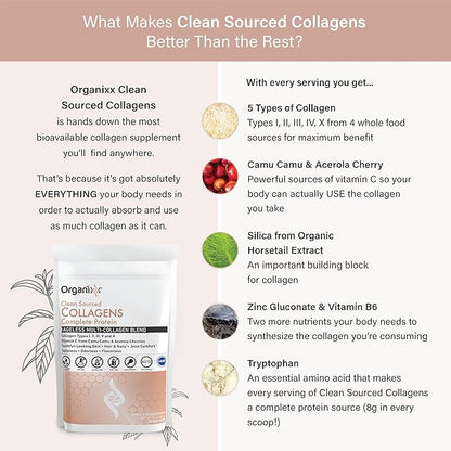 Organixx Clean Sourced Collagen Peptides Powder with Vitamin C, Types I, II, III, V, X Hydrolyzed Collagen, Hair, Nail, Skin, Bone & Joint Health, Aging Support, Gluten Free, Unflavored, 30 Servings