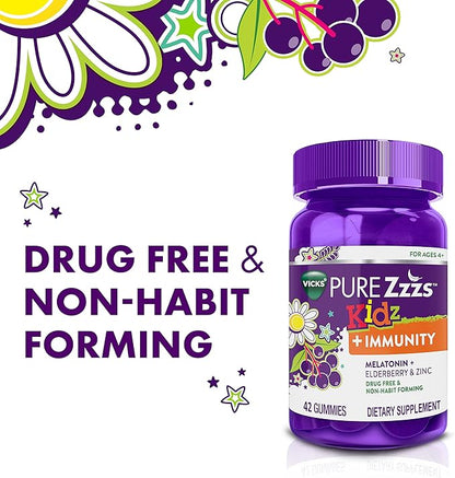 Pure Zzzs Kidz + Immunity by Vicks, Melatonin Sleep Aid Gummies for Kids and Children, Zinc for Immune Support, Low Dose Melatonin, Berry Flavored, 42 Gummies