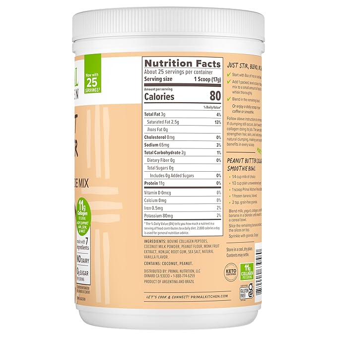 Primal Kitchen Peanut Butter Flavor Collagen Fuel® Drink Mix, Collagen Peptides, No Dairy, 14.3 Ounces
