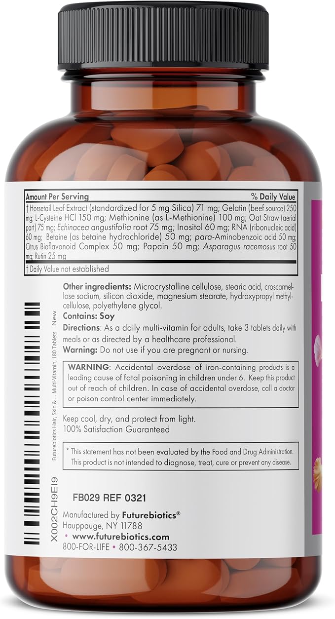 Futurebiotics Hair, Skin & Nails Beauty MultiVitamin with Biotin, Hair Vitamins and Skin Vitamins that Promote Healthy Hair and Nail, 180 Tablets
