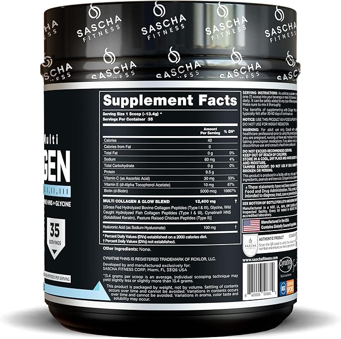 SASCHA FITNESS Hydrolyzed Multi Collagen Peptides Tipes 1,2 & 3 |Hyaluronic Acid|Biotin |Cynatine HSN|Vitamin C & E |for Hairs, Skin & Bone Support| Unflavored