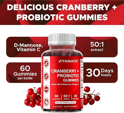 Vitamatic 2 Pack Cranberry Gummies with D-Mannose, Probiotics, Vitamin C – Plant-Based Botanical Extract – Vegan, Non-GMO – 60 Count