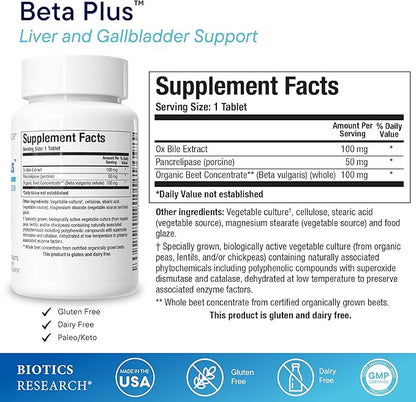 Biotics Research Beta-Plus™ Nutritional Ox Bile Salts Digestive Enzymes Supplement for Bile Production for No Gallbladder-Supports Overall Liver Function, Aids Fat Digestion, Supplies Betaine 90 Tabs