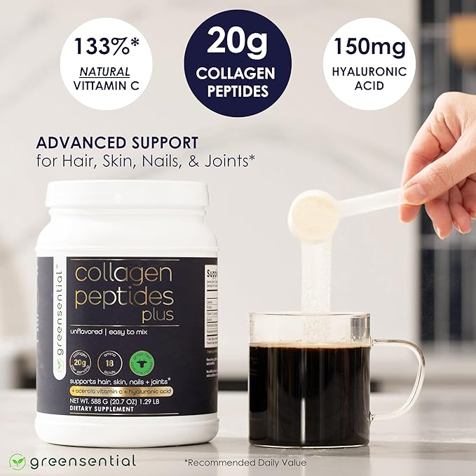 Greensential Collagen Peptides Plus Powder 21oz | + Acerola Vitamin C & Hyaluronic Acid | 100% Hydrolyzed Grass-Fed | Hair, Skin, Nail & Joint Support | Easy to Mix, Unflavored, 28 Servings
