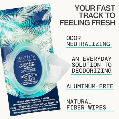 Pacifica Beauty Coconut Milk & Essential Oils Underarm Deodorant Wipes, Helps Remove Odor, Aluminum-Free, Vegan & Cruelty-Free, 30 Wipes (4-Pack)