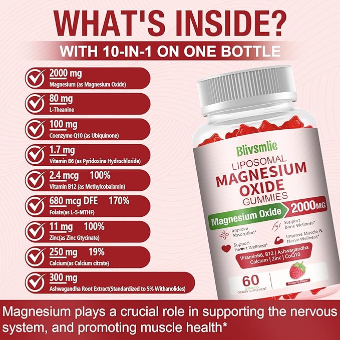 Liposomal Magnesium Oxide Gummies 2000mg Complex Ashwagandha,CoQ10, L-Theanine, L-5-MTHF, Methyl B12, Zinc for Sleep & Energy,Stress Relief,Heart Health,Neuro Support