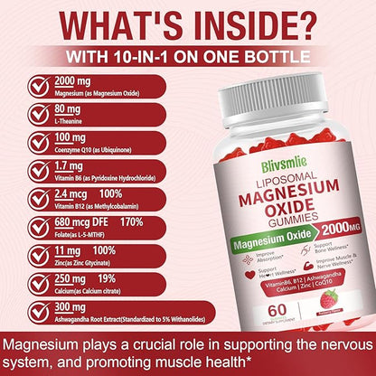 Liposomal Magnesium Oxide Gummies 2000mg Complex Ashwagandha,CoQ10, L-Theanine, L-5-MTHF, Methyl B12, Zinc for Sleep & Energy,Stress Relief,Heart Health,Neuro Support