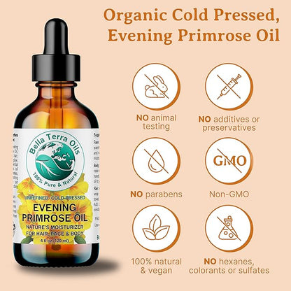 Bella Terra Oils Pure Evening Primrose Oil for Radiant Skin and Lustrous Hair – 1 gallon, Nutrient-Rich, Non-Greasy, Quick Absorb