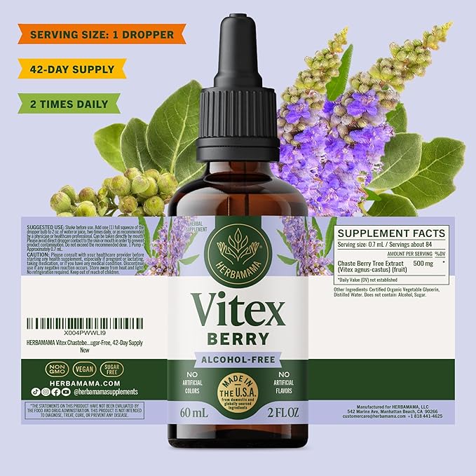 HERBAMAMA Vitex Chasteberry Supplement for Women - Natural Menopause Support* with Vitex Berry Tincture - Chaste Tree Berry Drops for Hormonal Balance & Cycle Support* - 42-Day Supply