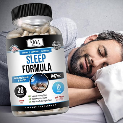 Kaya Naturals - Sleep Support Formula with Melatonin - Aid Support Vitamin Supplement - Sleep Stress and Mood Support - L-Tryptophan, Passion Flower, Ashwagandha and More (30 Count)
