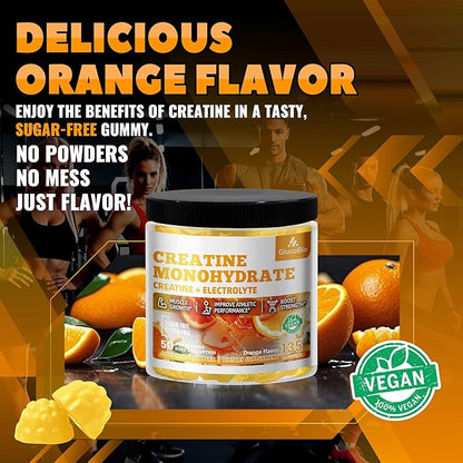 Creatine Monohydrate Gummies (5g) – Pre-Workout Energy & Muscle Growth Support for Men & Women | Orange Electrolyte Gummies (135 Count)