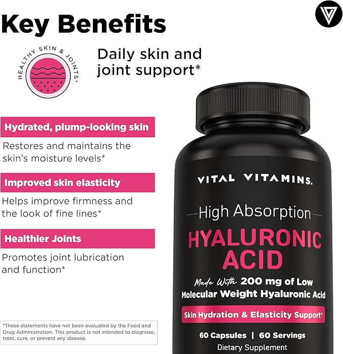 Vital Vitamins Hyaluronic Acid Supplements - Made with 200mg of Low Molecular Weight Hyaluronic Acid - Supports Skin Hydration & Elasticity from Within - 60 Capsules, 60 Servings