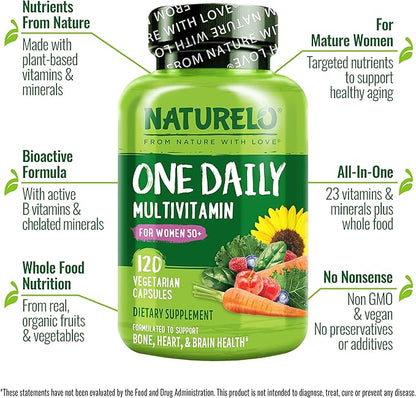 NATURELO One Daily Multivitamin for Women 50+ (Iron Free) - Menopause Support for Women Over 50 - Whole Food Supplement - Non-GMO - No Soy - 120 Capsules - 4 Month Supply